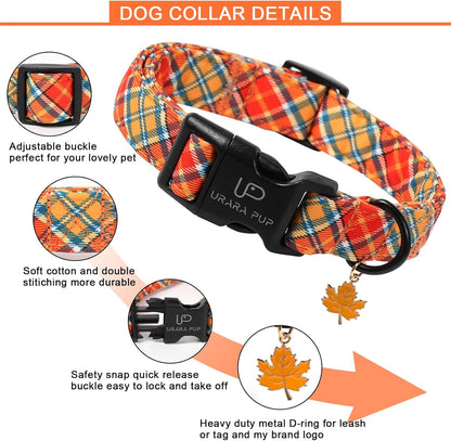 Autumn Plaid Dog Collar – Adjustable Orange Tartan Dog Collar with Fall Leaf Charm, Cozy Fall Vibes Orange Yellow Grid Puppy Collars for Small/Medium/Large Dogs