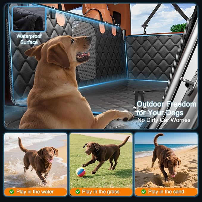Leather Back Seat Extender for Dogs, Waterproof Dog Car Seat Covers for Back Seat with Hard Bottom, Dog Hammock for Car SUV and Truck（With Anti Scraatch Mesh Window and Retractable Belt Harness)