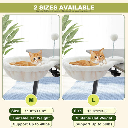 PAWZ Road Cat Bed for Desk with Interactive Plush Ball, 12 Inches in Diameter,Space-Saving Cat Desk Bed, White Cats Hammock for Table Supports Up to 40lbs, Medium