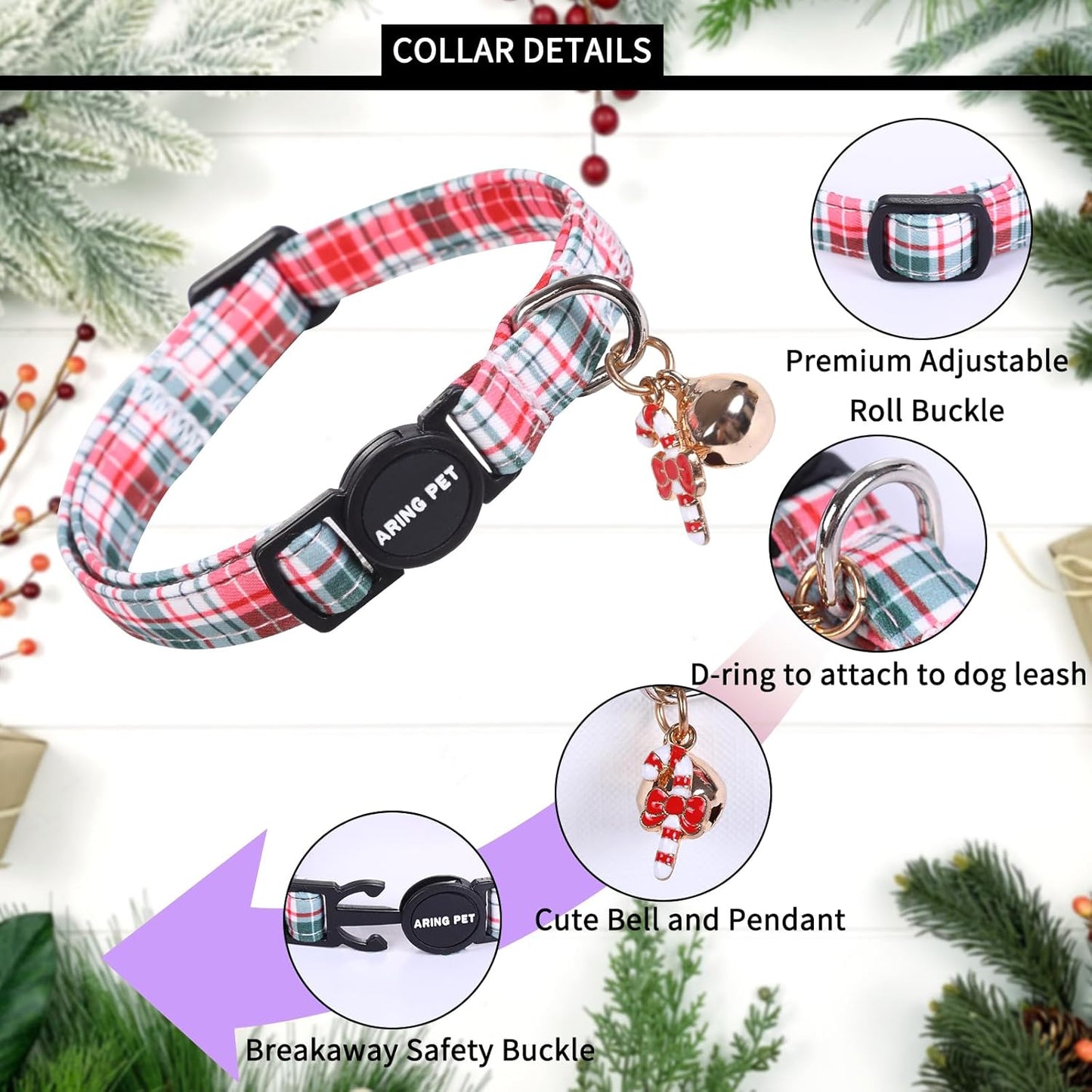 ARING PET 2 Pack Cat Collar, Christmas Breakaway Kitten Small Collars with Bells for Girl Boy Cats-Red Green Pink Plaid & Santa Claus