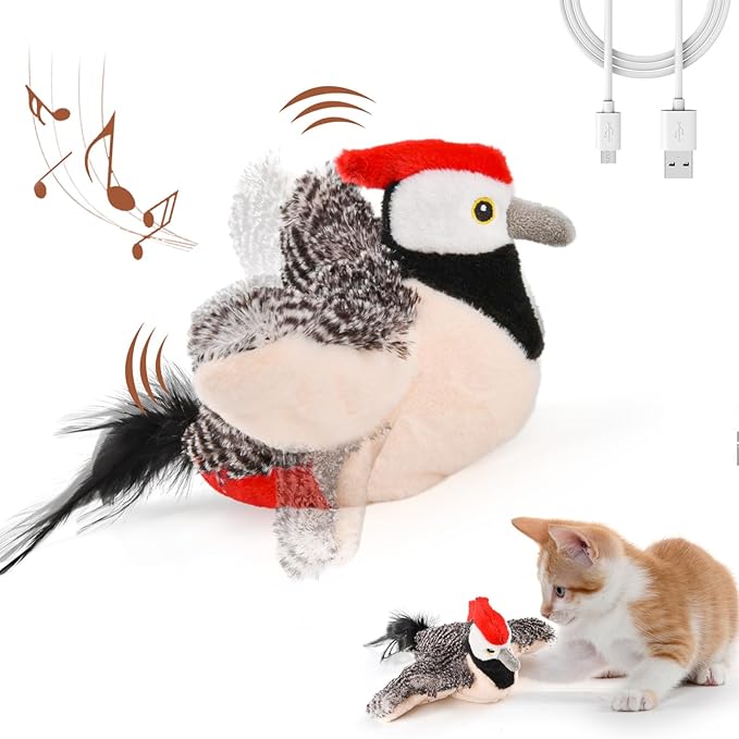 Flappy Bird Cat Toy, Simulated Chirping Flapping Wings Bird, Interactive Catnip Toys, Plush Kitten Exercise Toys for Indoor Cats, Brown Sparrow