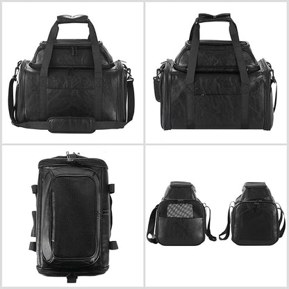 Premium Leather Top Expandable Pet Carrier for Small Dogs & Cats Under 15 lbs, Airline Approved Collapsible Soft-Sided Luxury Travel Bag Black