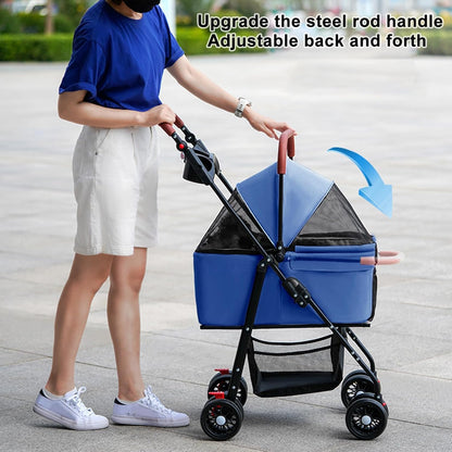 Pet Stroller Pram Dog Carrier Trailer 4 Wheels Foldable Dog with Storage Basket,Holds up to 44 lbs,Adjustable Handle,Folding Travel Stroller Suitable for Traveling with Cats and Dogs (Blue)