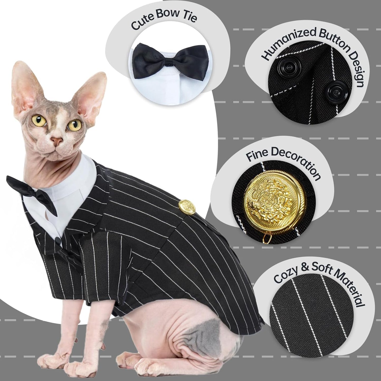 QBLEEV Cat Tuxedo Suit, Sphynx Cat Suit for Cat with Bow Tie, Cat Halloween Costumes for Cats Only, Kitten Formal Attire Wedding Birthday Onesie Clothes for Male Female Hairless Cats