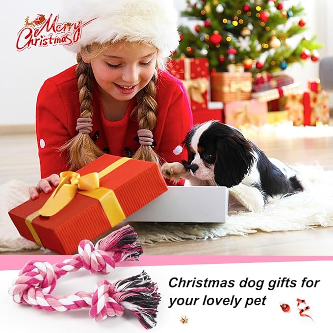 SZEE Dog Rope Toy, 14 in 3 Knots Chew Rope for Small Medium Dogs, Natural Cotton Pull Toy for Tug of War and Teeth Cleaning (Pink)