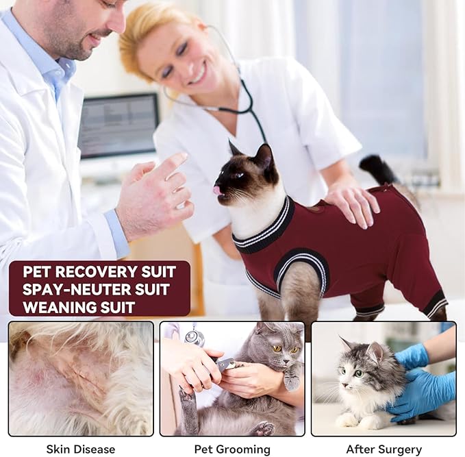 T'CHAQUE Cat Clothes Surgery Recovery Suit for Female Male, Cat Onesie Pet Surgical Pajamas Long Sleeve, Abdominal Wound Healing, E-Collar Alternative, Spay/Neuter Recovery Garment-Burgundy-S