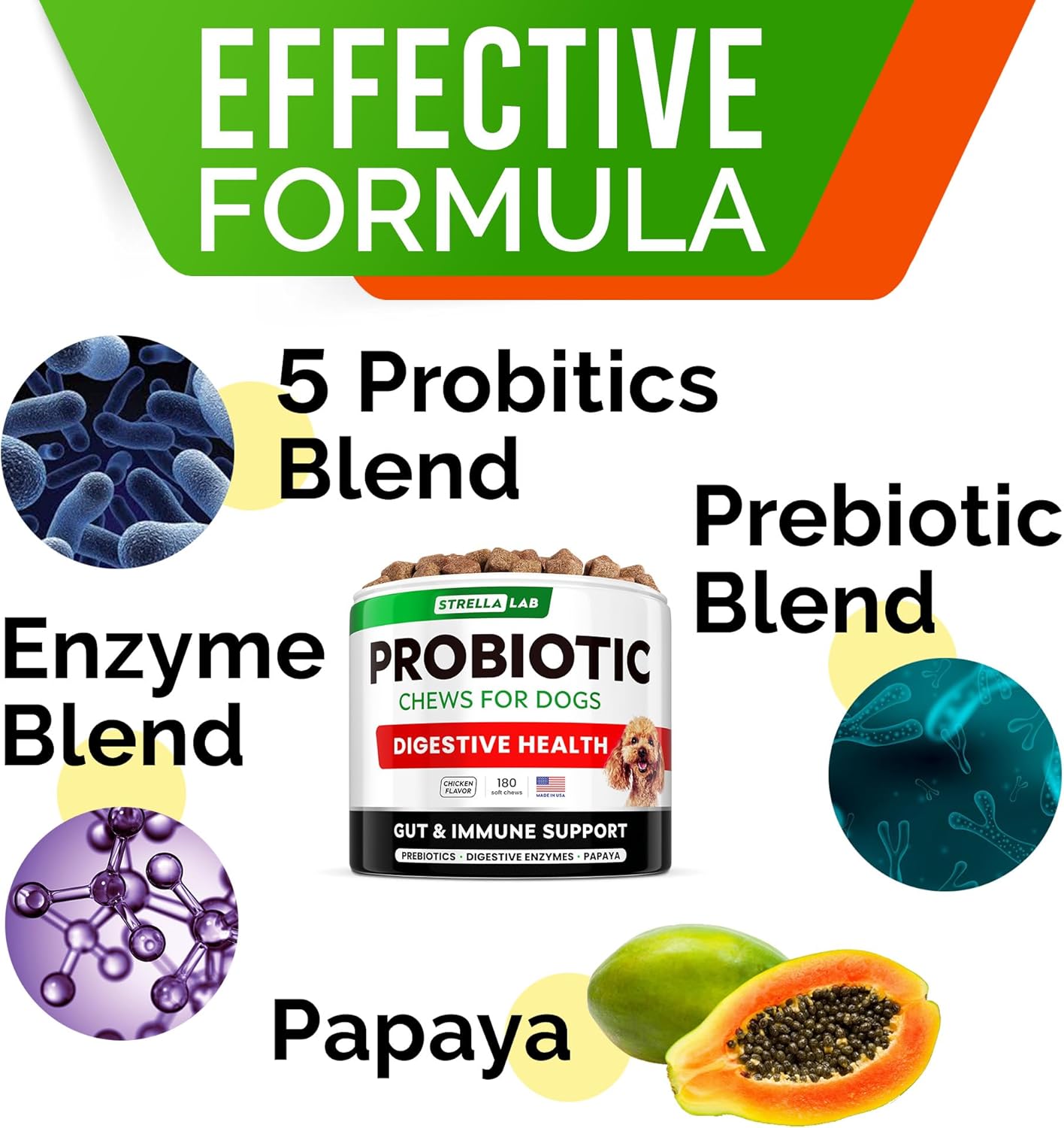 STRELLALAB Dog Probiotics Chews for Digestive Health & Gut Support with Yeast and Enzymes - Anti Gas, Diarrhea and Upset Stomach Immune Supplement - Digestion Treats with Fiber (180Ct, Chicken)