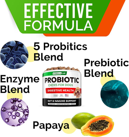 STRELLALAB Dog Probiotics Chews for Digestive Health & Gut Support with Yeast and Enzymes - Anti Gas, Diarrhea and Upset Stomach Immune Supplement - Digestion Treats with Fiber (180Ct, Chicken)