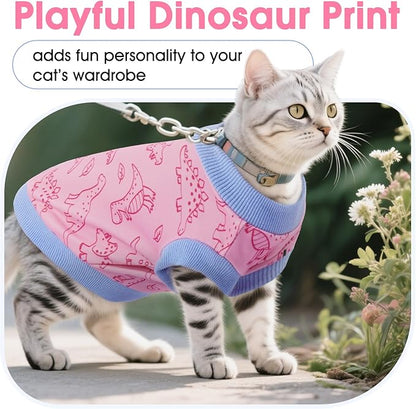 DENTRUN Sleeveless Cat Vest with Dinosaur Print, Breathable Ultra-Soft Dralon Fleece Cat Sweater, All-Season Pet Costume Apparel for Cats, Kitten Clothing for Indoor/Outdoor, Pink, XXL