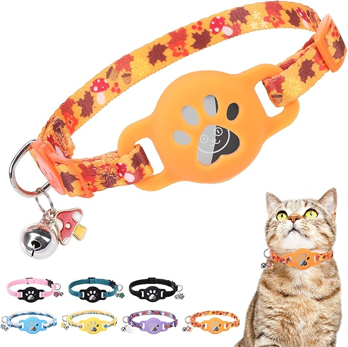 AirTag Cat Collar with Bells, Fall Cat Collar Breakaway with Airtag Holder, Safety Cat GPS Tracker Collars for Girl Boy Cats, Kittens and Puppies, Adjustable 8"-12"