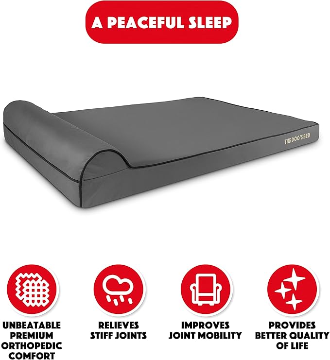 The Dog’s Bed Orthopedic Headrest Dog Bed XXL Grey/Black, Memory Foam, Pain Relief for Arthritis, Hip & Elbow Dysplasia, Post Surgery, Lameness, Waterproof Washable Cover