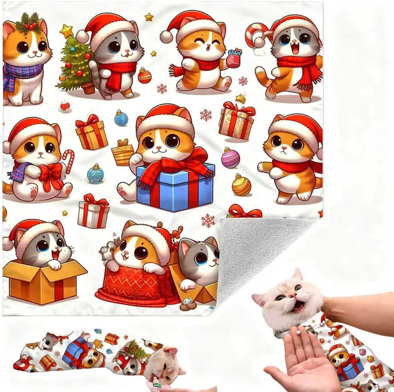 Cat Grooming Wrap, Self-Adherent Soft Cat Blanket to Wrap, Nail Clipping, Anti-Bite, Anti-Scratch, Anti-Escape Calming Wrap (Christmas, 6-10 lbs)
