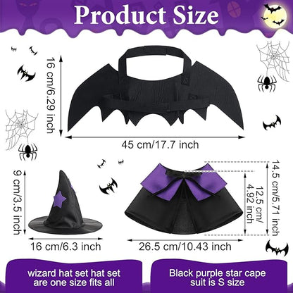 Frienda 3 Pieces Cat Halloween Vampire Costume Includes Vampire Costume Cloak Wizard Hat and Cat Bat Wings for Kittens Pet Halloween Party Cosplay Accessories(Purple,Star)