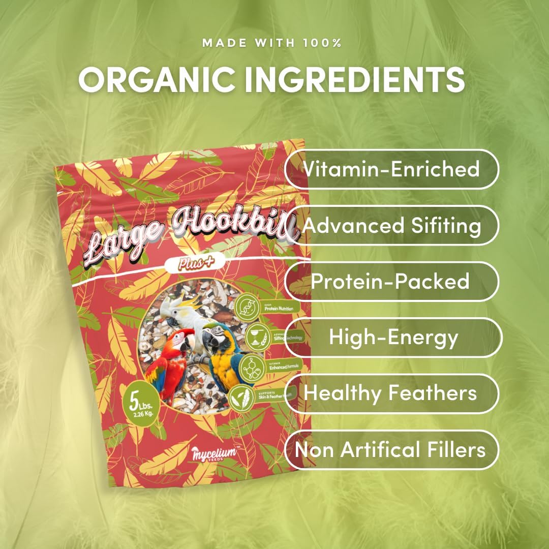 Mycelium Organic Large Hookbill Plus Bird Food (5 LB Bag) | Premium Daily Bird Seed for Macaws, Cockatoos, & Amazons | High-Protein, Vitamin-Fortified Skin & Feather Support | Non-GMO & USA-Made
