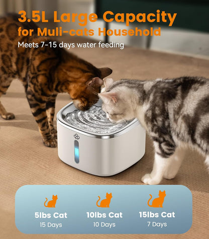 oneisall 3.5L Water Fountains for Cats Indoor, Stainless Steel Pet Drinking Fountains Automatic Running Cat Waterer Fountains Quiet, White