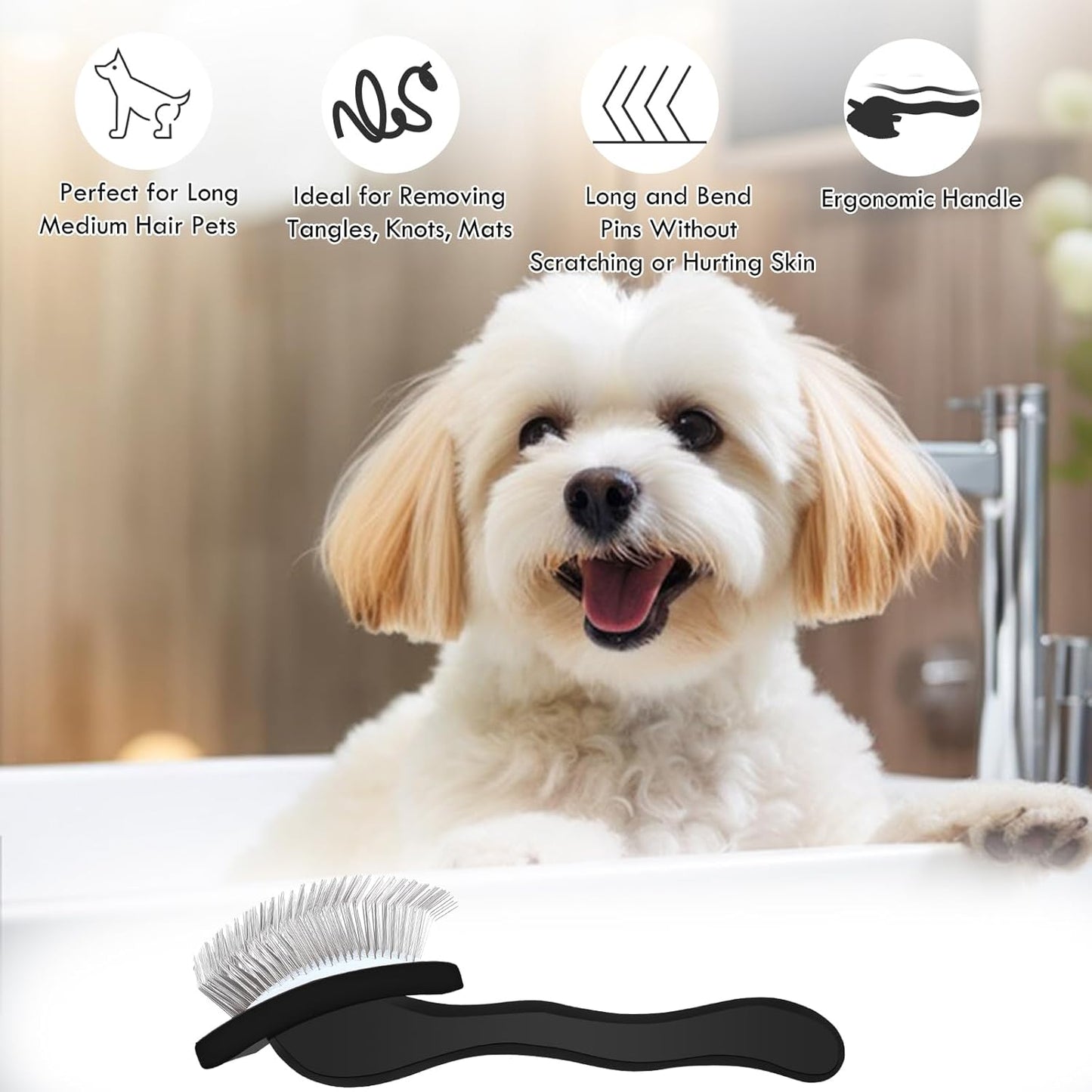 Dog Slicker Brush for Medium or Long Haired Dogs, Long Pin Slicker Brush for Removes Loose Hair, Tangles and Knots, Best Grooming Tools for Small Animals, Large, Free Pet Comb, Black