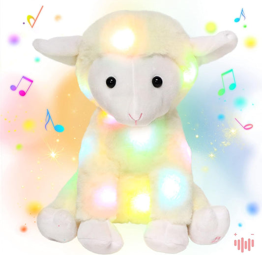 Hopearl LED Musical Stuffed Lamb Lighting Up Sheep Singing Plush Toy Adjustable Volume Lullaby Animated Soothe Birthday Gifts for Kids Toddler Girls, Beige, 11''