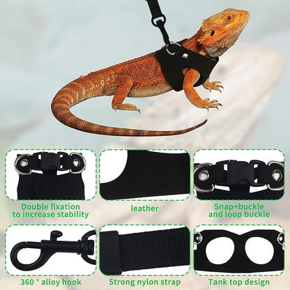3PCS Bearded Dragon Leash, 3 Size Adjustable Squirrel Bearded Dragon Leash and Harness or Reptile Lizard, Amphibians, Small Animal Walking Vest with Traction Rope (S, M, L)
