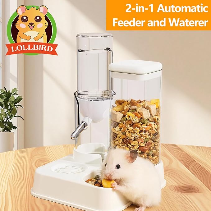 2-in-1 Hamster Water Bottle & Enhanced Food Dispenser - 35% Larger Food Capacity, Leak-Proof Design for Glass Tanks/Wire Cages Small Animal Accessories (White, 4.9IN+5.1IN+5.7)