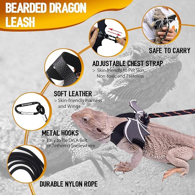 WATFOON Adjustable Lizard Leather Leash Harness and Bearded Dragon Carrier Sling, Reptile Small Pet Training Leashes and Beardie Snuggle Sling Bag for Outdoor Travel (L Black)