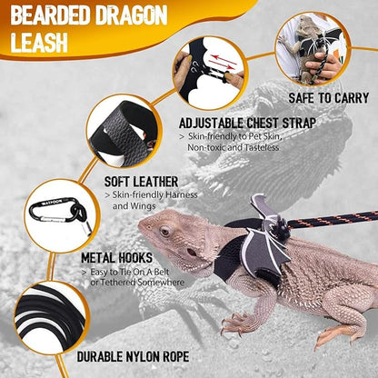 WATFOON Adjustable Lizard Leather Leash Harness and Bearded Dragon Carrier Sling, Reptile Small Pet Training Leashes and Beardie Snuggle Sling Bag for Outdoor Travel (L Black)