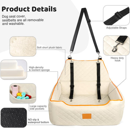 Dog Car Seat for Large/Medium Dog, Booster Seat Under 55Lbs or 2 Small Dogs, Detachable and Washable Travel Pet Seat with Thick Cushion and Storage Pockets (Beige)