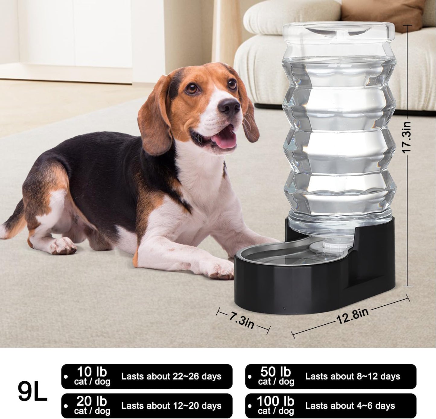 RIZZARI Large Dog Water Dispenser: Stainless Steel Pet Water Bowl - 9L Black Stainless Steel Automatic Pet Gravity Feeder with Filter Indoor/Outdoor