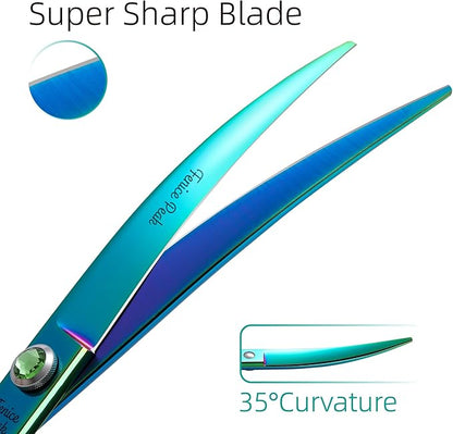 Fenice Peak 7.5'' Green Curved Dog Grooming Scissors Pet Shears with Ergonomic Offest Handle and Simulated Emerald Screw 440C Grooming Scissors Trimming Shears Durable and Sharp