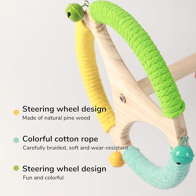 360° Interactive Rotating Bird Perch Toy with Bell - Natural Wood Spinning Cage Accessory for Parakeets, Budgies, Lovebirds, Cockatiels, Conures, Finches and Small/Medium Birds