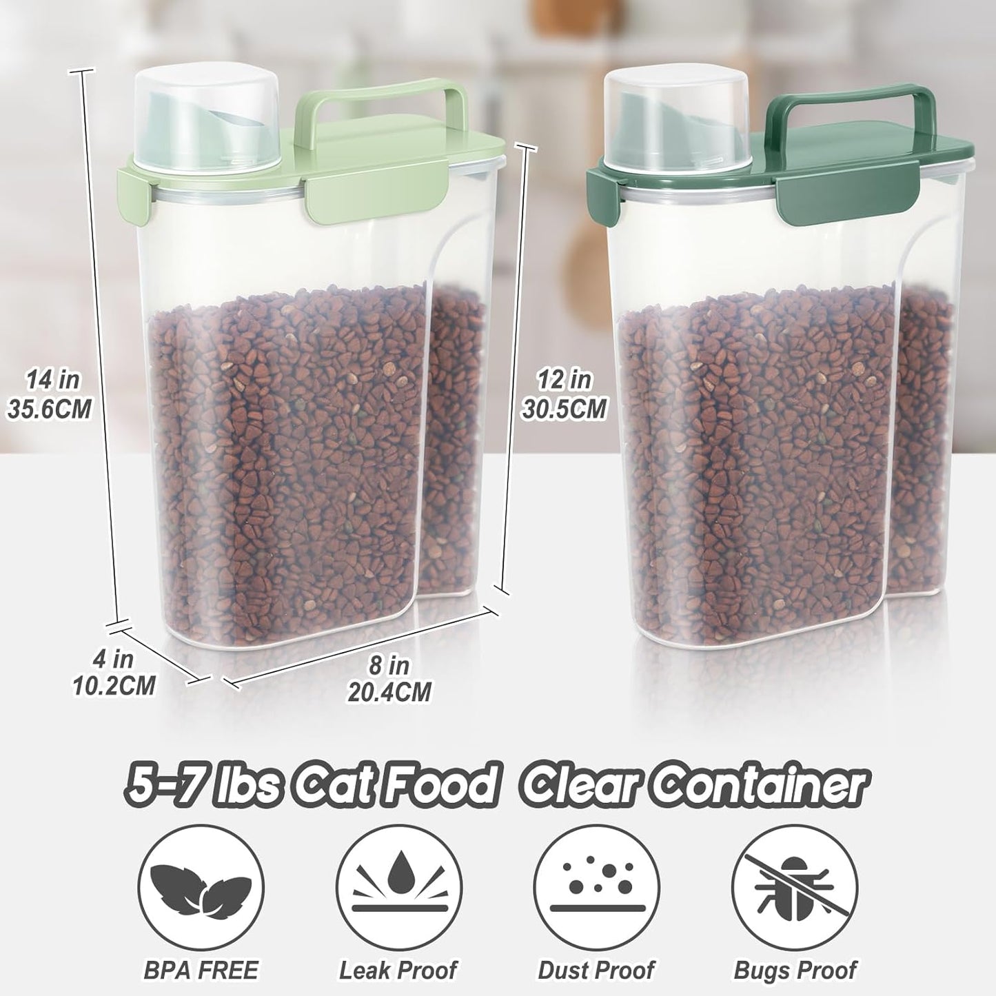Dog Food Storage Container, Upgraded Large Nozzle BPA-free, 3-5 LBS Plastic Pet Food Storage Containers, With 4 Sealed Clasps, 1 Measuring Cup and Handle (Green+Dark Green)