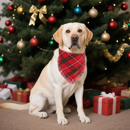 PTDECOR Christmas Dog Bandanas with Tassels Edges, Stylish Red Green Plaid Scarf Bib, Multiple Size, Reversible Triangle Christmas Bandanas for Extra Large Dogs (X-Large)