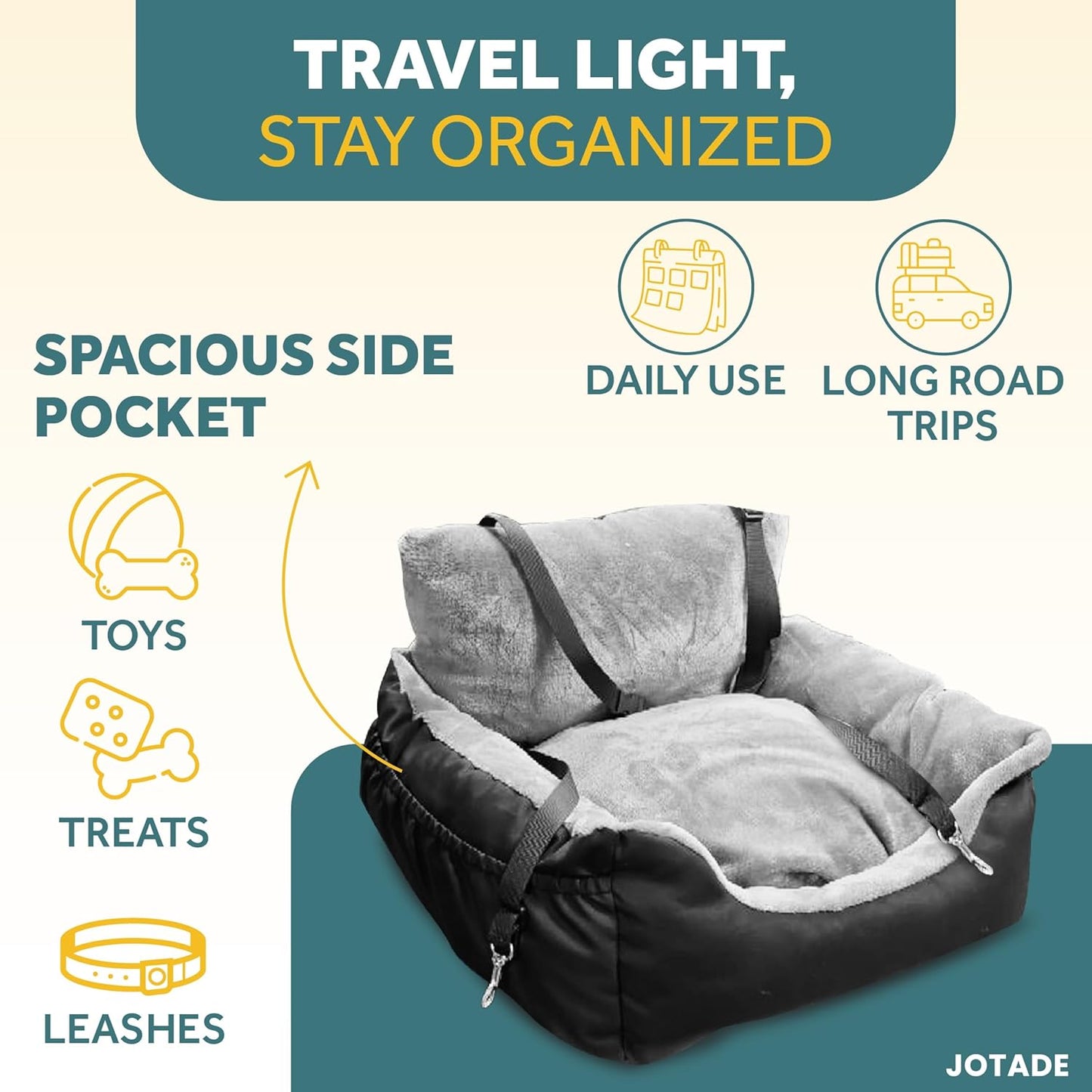 JOTADE Dog Car Seat –Washable Pet Travel Carrier for Car Safety and Comfort – Secure Double Strap Design with Removable Double Cushion Cover