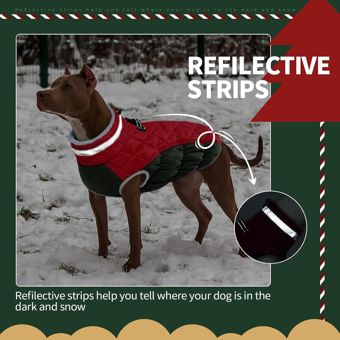 FUAMEY Dog Coat for Large Dogs,Waterproof Dog Winter Jacket with Harness Built in Puppy Cold Weather Coats Reflective Pet Vest with Zipper Warm Fleece Dogs Snowsuit Windproof Christmas L