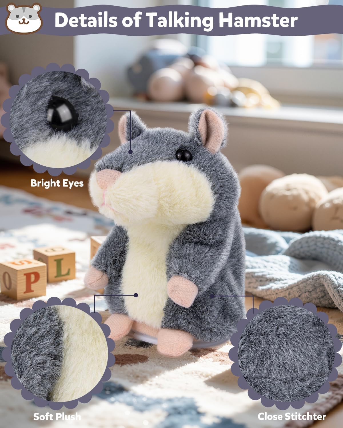 Ayeboovi Kids Toys Talking Hamster Repeats What You Say, Stuffed Animals for Toddler Kid Birthday Gift, Fun Interactive Plush Autism Toy for 3 4 5 Years Old Boys Girls