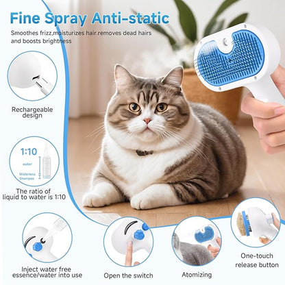 Pet Steam Brush for Dog & Cat - 3-in-1 Steam Grooming Brush for Shedding & Hair Removal - Self Cleaning Spray Comb with Mist for Long Haired Pets, Blue