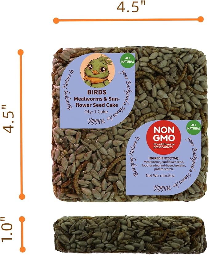 Wild Bird Mealworms & Sunflower Seeds Suet Cakes, High Protein Feed, Pack of 6, Size 4.5"x4.5"x1.0" Poultry Feed, Cattle Feed (4.5"x4.5"x1.0", Mealworms & Sunflower Seeds)