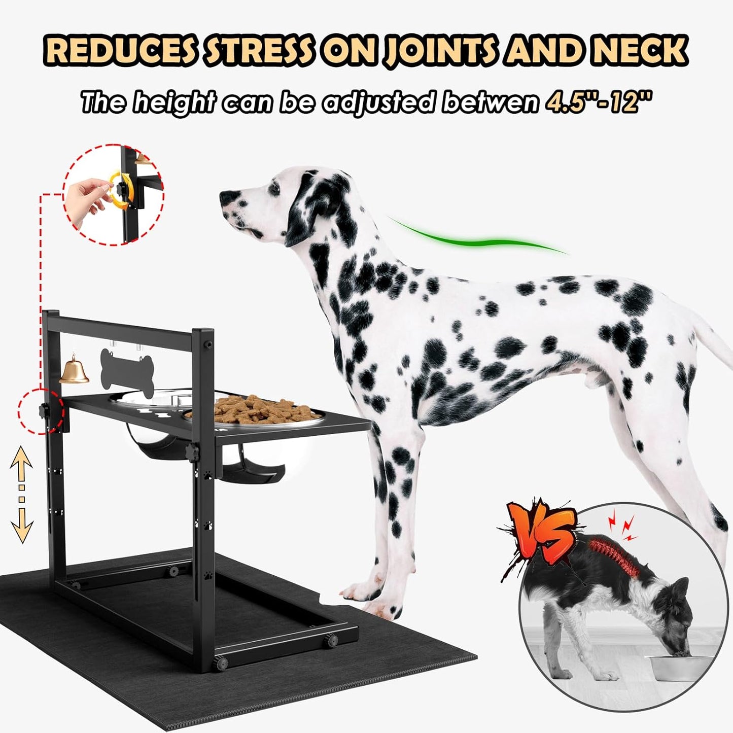 Elevated Dog Bowls with Slow Feeder and Spill Proof Mat, Adjustable Height 4.3-11.8'', Two 1.7L Stainless Steel Food & Water Bowls, Metal Raised Dog Bowl Stand, for Large Medium Breeds