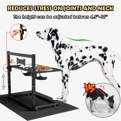 Elevated Dog Bowls with Slow Feeder and Spill Proof Mat, Adjustable Height 4.3-11.8'', Two 1.7L Stainless Steel Food & Water Bowls, Metal Raised Dog Bowl Stand, for Large Medium Breeds