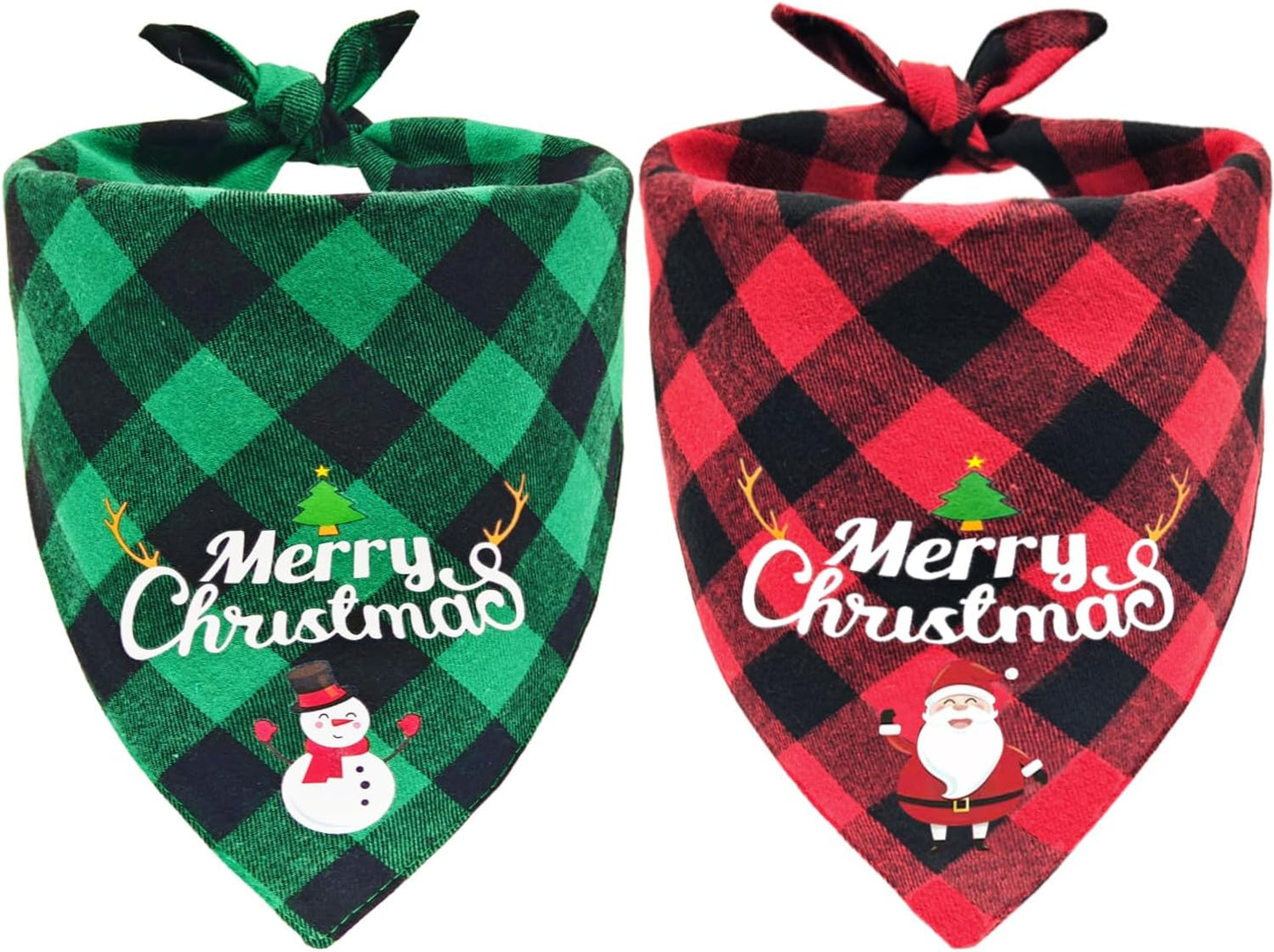 Christmas Dog Bandanas 2PCS-XLarge,Classic Plaid Triangle Holiday Scarf with Santa and Snowman Prints,Winter Pet Outfit for Boy and Girl Dogs,Red Green Plaid Dog Costume for Extra Large Dogs