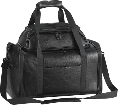 Premium Leather Top Expandable Pet Carrier for Small Dogs & Cats Under 15 lbs, Airline Approved Collapsible Soft-Sided Luxury Travel Bag Black