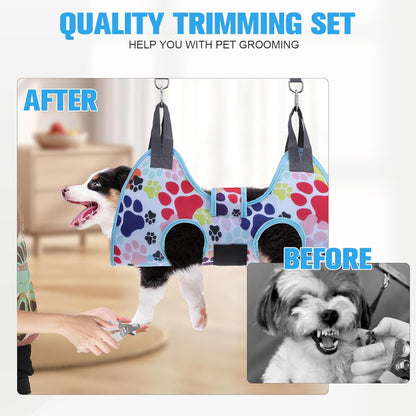PAWCHIE Dog Grooming Hammock Harness for Dogs & Cats with Pet Nail Clipper Trimmer - Cat Hanger Sling for Trimming Clipping Nails- Dog Hammock Restraint Bag for Small Medium Large Dog, Blue S