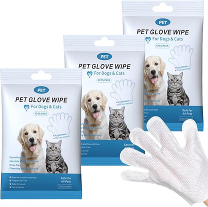 Extra Thick Pet Bathing Wipes for Dogs Cats,Cleaning Deodorizing Grooming Gloves,Nourish Fur Glove Wipes for Daily Care and Traveling,Rinse Free,Unscented,3 Pack,18 PCS