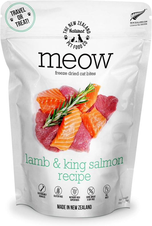The New Zealand Natural Pet Food Co Meow Freeze Dried Cat Food - Lamb & King Salmon Recipe,High Protein Treats,Meals & Toppers,Dry Food,1.76oz
