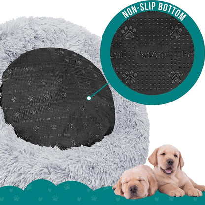 PetAmi Calming Dog Bed for Small Medium Dogs and Cats, Round Donut Washable Fluffy Faux Fur Plush Cuddler Pet Kitten Cushion, Anti-Slip, Fits up to 45 lbs, 30 inch, Light Gray