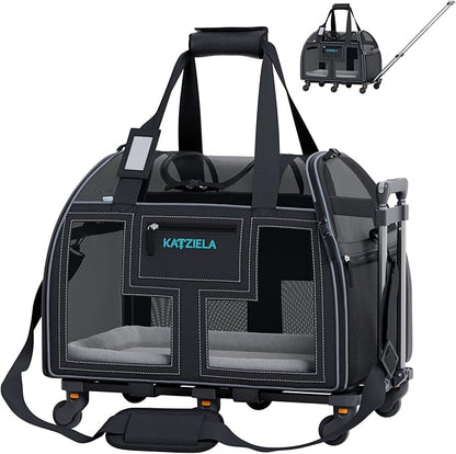 Katziela Rolling Pet Carrier Airline Approved - Pet Carrier with Wheels - Luxury Lorry - Deluxe TSA Approved Cat Carrier with 6 Wheels - Small Airline Approved Dog Carrier Trolley - Plane Carry On Bag
