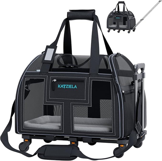 Katziela Rolling Pet Carrier Airline Approved - Pet Carrier with Wheels - Luxury Lorry - Deluxe TSA Approved Cat Carrier with 6 Wheels - Small Airline Approved Dog Carrier Trolley - Plane Carry On Bag