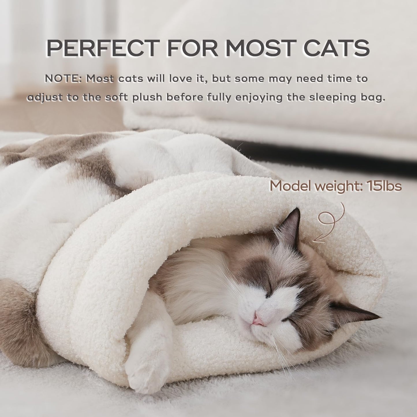 Cat Sleeping Bags for Indoor Cats Self Warming Cat Bed Fits up to 15 lbs Pets Soft Plush Warm Bed 360° Wrap Bag Washable Comfortable Pet Sleeping Bed 21" × 17" Coffee White