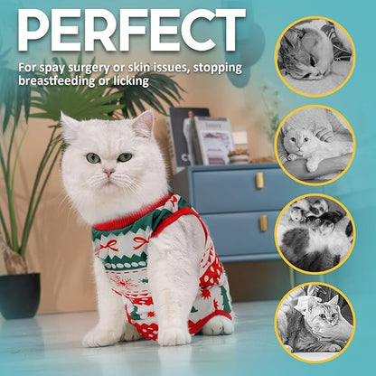 Avont Cat Recovery Suit - Kitten Onesie for Cats After Surgery, Cone of Shame Alternative Surgical Spay Suit for Female Cat, Post-Surgery or Skin Diseases Protection -Christmas(M+)