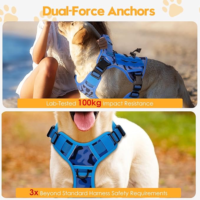 Heavy-Duty Tactical Dog Harness for Large Dogs, No Pull Adjustable Reflective Pet Vest with Molle System, K9 Military-Grade Control for Service Training, Outdoor & 10+ Breeds, Blue Camo, Medium