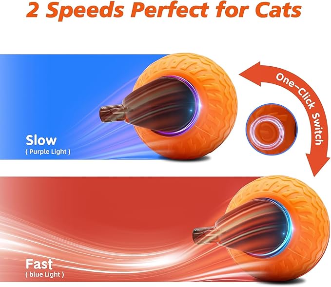 Interactive Cat Toy for Indoor Cats, Speedy Ball with Tail, Automatic Moving Cat Balls for Bored Indoor Adult Cats, 360°Automatic Rolling Ball Toy, Two Speed Adjustment（Orange）